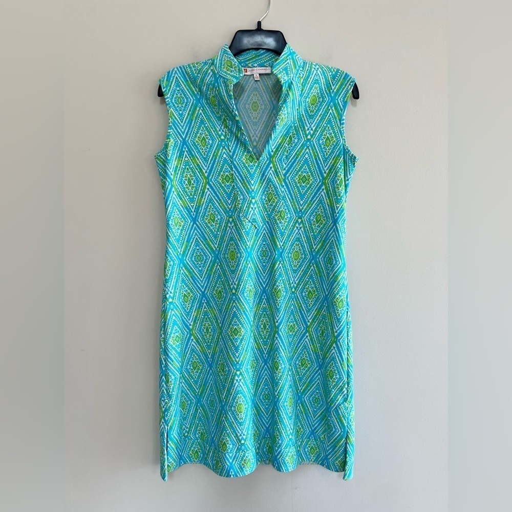 Jude Connally Kristen Painted Diamond Sleeveless Tunic Dress, Turquoise/Lime, S
